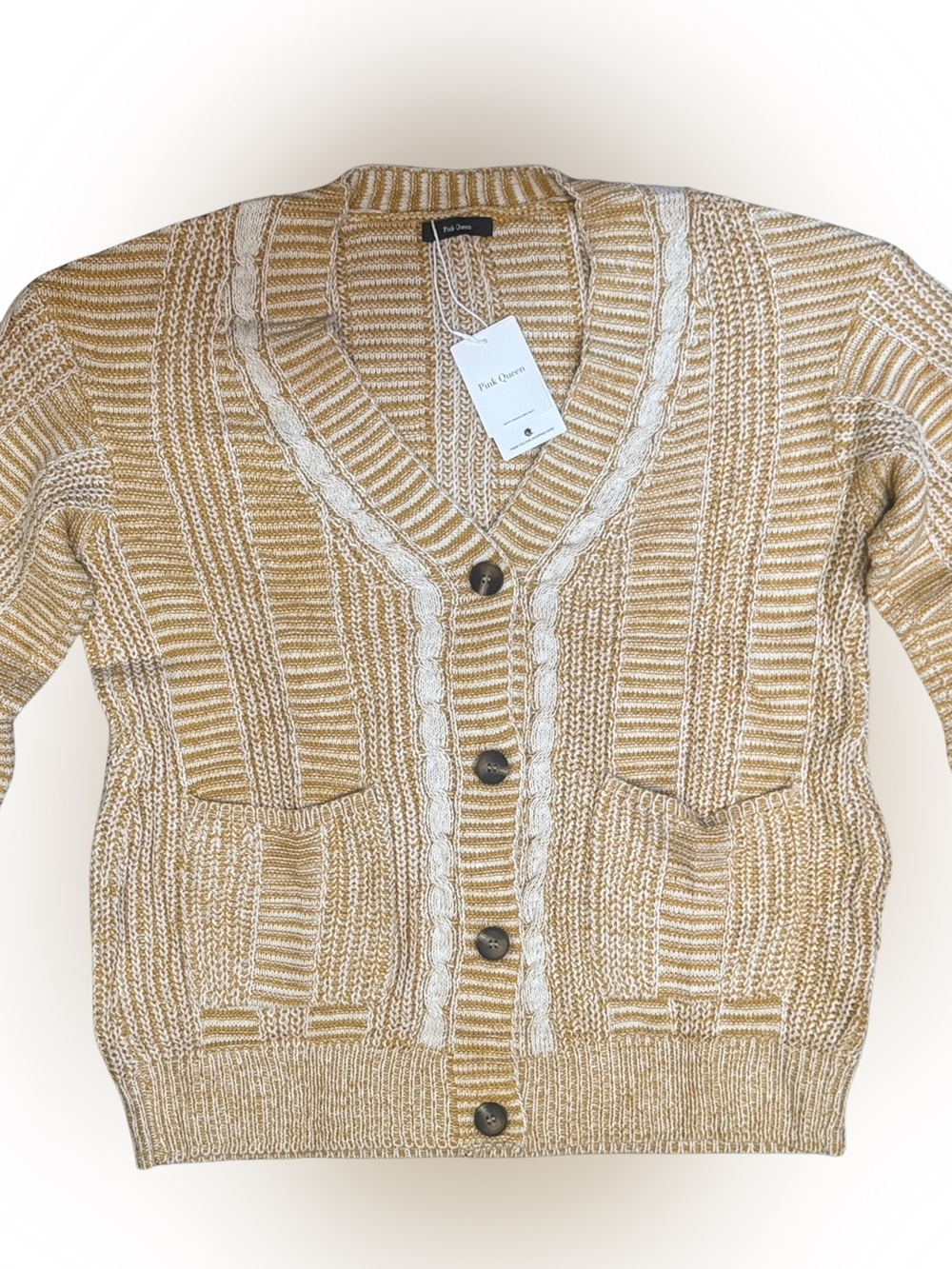 Pink Queen Tan & Cream Cable V-Neck Button Cardigan w/ Oversized Sleeves